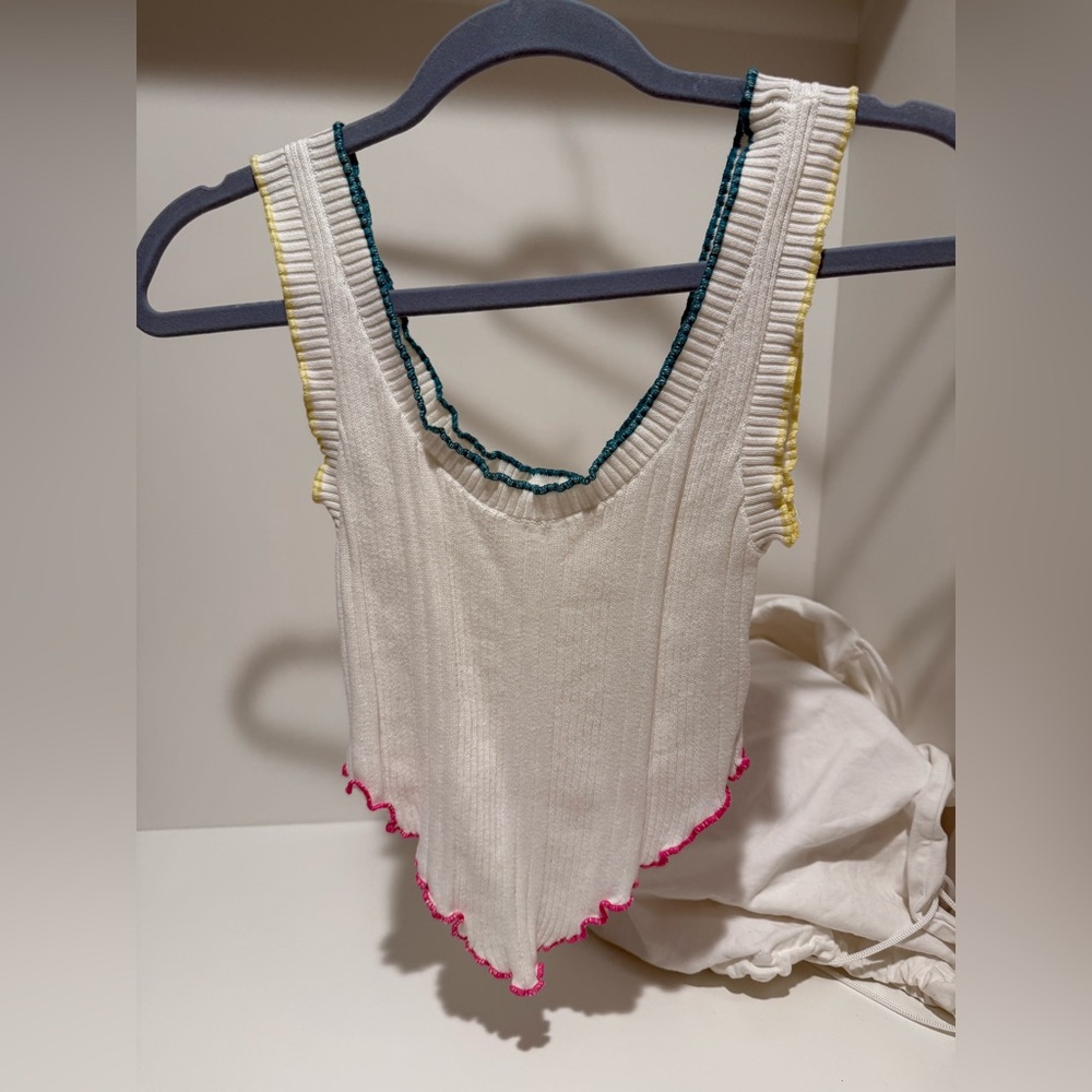 White Ribbed Crop Top with Colorful Trim